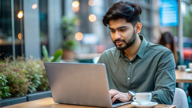 A young Indian man exploring cryptocurrency options on his laptop at a cafe.