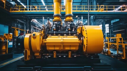 Industrial engine room interior. Industrial power plant main generator with enormous diesel engine. high voltage industrial diesel generator at a power generation plant