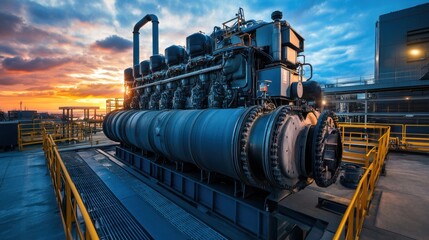 Industrial engine room interior. Industrial power plant main generator with enormous diesel engine. high voltage industrial diesel generator at a power generation plant
