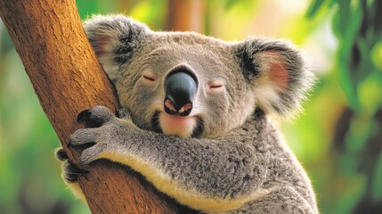 Obraz premium Relaxed koala resting in a eucalyptus tree.