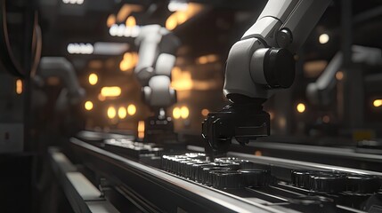 Fototapeta premium Robotic arm assembling parts on a conveyor belt in an automated factory.