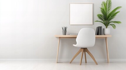 A minimalist home office with a white desk and chair, a potted plant, and a framed print.