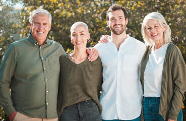 Senior parents, couple and portrait in garden with hug, smile and outdoor with family, care and love. Men, women and embrace with pride, happy and connection in backyard with sunshine in Germany