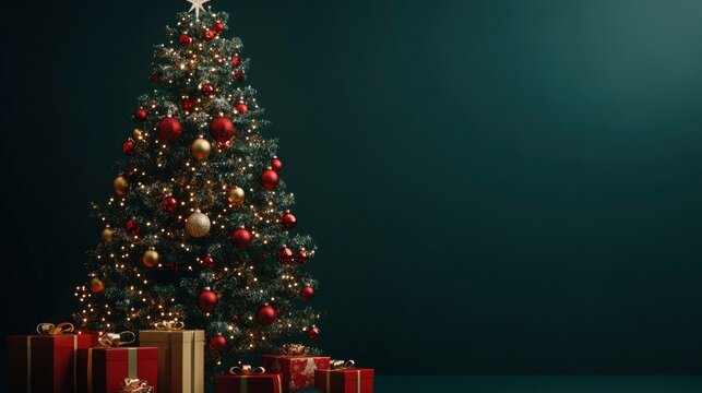 A Christmas tree with classic red and gold decorations, tinsel, and gifts in red and gold, against a solid deep green background. - Powered by Adobe