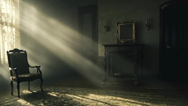 Sunlight streams through a window in a dark room, illuminating a solitary chair and a patterned rug