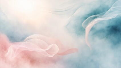 Ethereal mist of cool blues and warm pinks swirling together, producing a dreamlike watercolor effect with soft lighting and gentle blur transitions. Created with generative AI technology