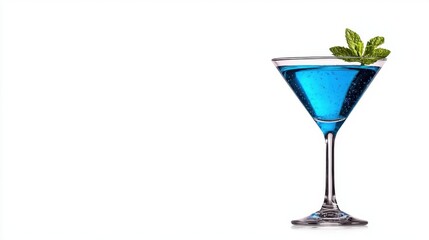 A photostock of a blue cocktail in a martini glass on a white background, vibrant and festive.