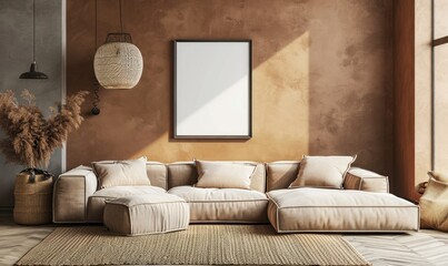Cozy living room with a soft light brown sofa near pampas in wicker pot and white frame poster on brown wall background. Modern interiors home decor