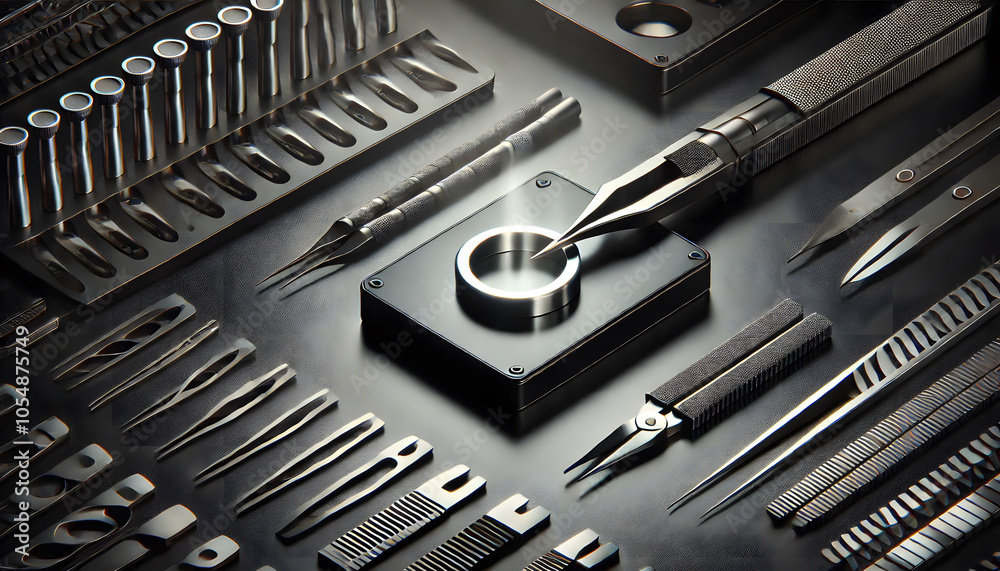 Poster A collection of precise tools arranged methodically, highlighting a focal point of craftsmanship in a dark setting.