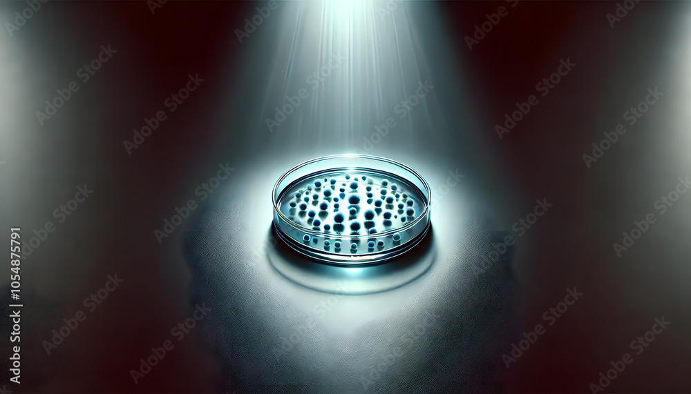 Poster A circular object with holes is illuminated by dramatic lights, creating a striking visual contrast on a dark background.
