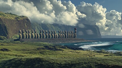 A panoramic view of Ahu Tongariki, featuring a lineup of Moai statues against the backdrop of the ocean and dramatic clouds. No people included.