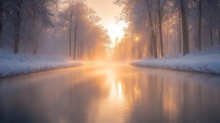 Obraz premium A still river surrounded by snow-covered trees, with mist rising from the water and soft morning light
