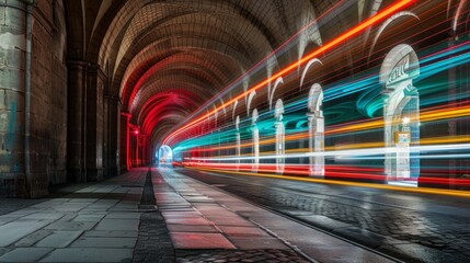 Fototapeta premium A network of light trails creating a mesmerizing pattern beneath the arches of a grand bridge.