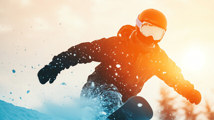 A dynamic snowboarder carving through fresh snow at sunset, capturing the thrill and excitement of winter sports in a breathtaking natural landscape.