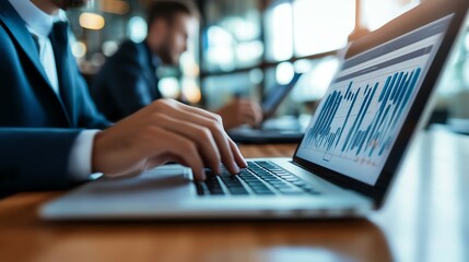 Business team around table viewing laptop with graphs AI visuals for collaborative analysis
