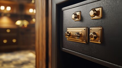 Closeup of Golden Knobs on a Black Safe Door