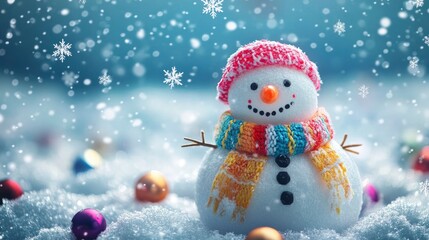 A cheerful holiday card with a snowman in a bright scarf and falling snowflakes, leaving generous central space for text.