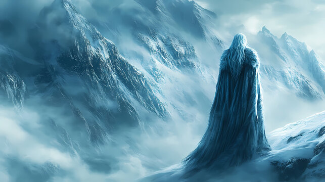 Norse pagan goddess skadi clothed in fur lined robes stood against a snow covered mountain background. Norse Frost Giant. Illustration