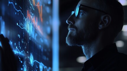 Businessman analyzing sales graphs AI technology visuals enhancing data insights