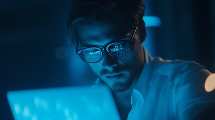 Businessman using laptop for data analysis AI visuals illuminating graphs