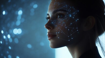 Businesswoman focused on data with AI visuals illuminating financial analysis