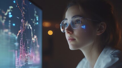 Female analyst working on computer graphs displayed with AI visual effects surrounding analysis