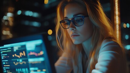 Female analyst with laptop AI projections illuminating financial data