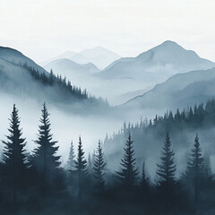 Fototapeta premium Abstract watercolor landscape of mountains and trees, minimalist and foggy,Generative AI 