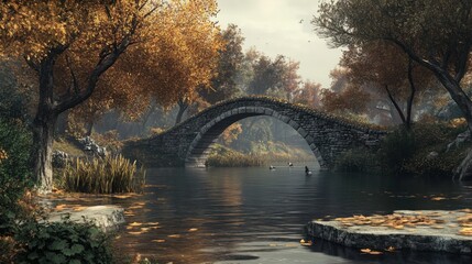 A serene river with an old stone bridge arching over it, surrounded by autumn trees