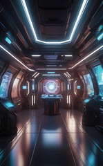 High-tech space station interior with futuristic holographic displays and neon lighting, perfect for sci-fi game design.