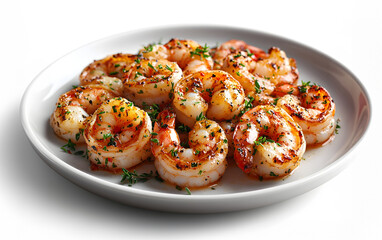 Sizzling Shrimp Scampi Dish on White Plate with Soft Lighting and Isolated Background