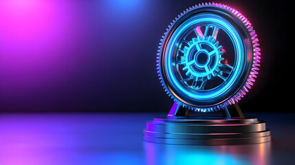 3D Glowing Holographic Gear Rotating in Virtual Space, Wide Shot of Spinning Gear, Gradient Background with Copy Space, Symbolizing Precision in Robotics and Engineering Expansion as Icon on White