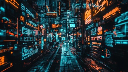 Obraz premium Futuristic Cityscape with Neon Lights and Data Displays