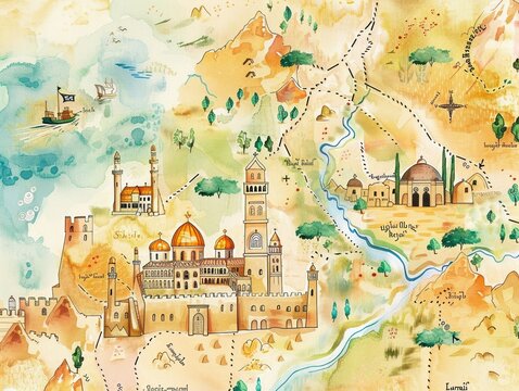 Soft watercolor map of the Holy Land dotted with key biblical locations