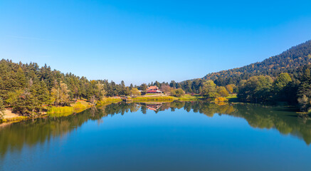 Bolu Golcuk Lake and famous house view with reflections.