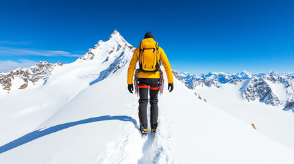 A mountaineer trekking on a snowy peak under a clear blue sky, showcasing the thrill of adventure and the beauty of nature.