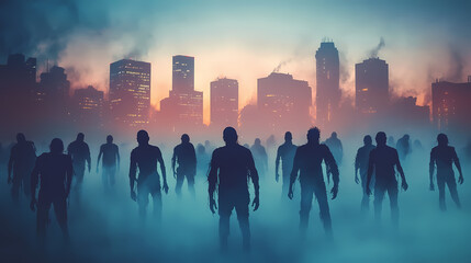 Scary undead zombie horde with fog in front of a city skyline background. halloween and horror concept. Zombie Horde. Illustration