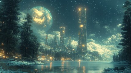 Obraz premium Futuristic cityscape with glowing towers and a celestial backdrop.