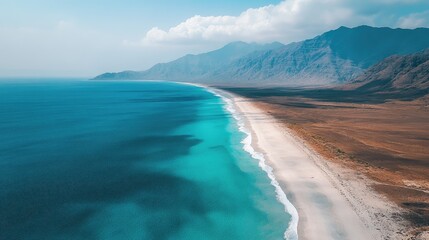 Aerial view of the isolated beaches of Socotra Island, highlighting the clear waters and untouched beauty of this unique destination. No people included.