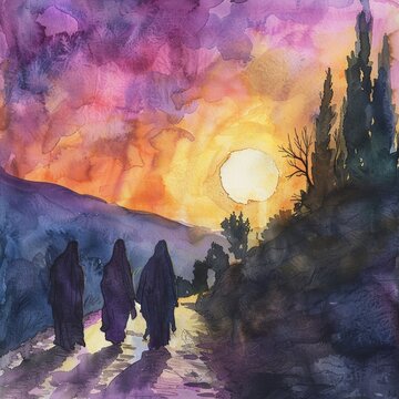 Watercolor illustration of the road to Emmaus