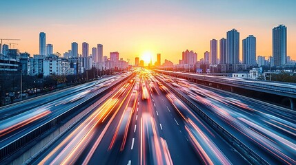 Cityscape Highway Sunset Traffic Lights