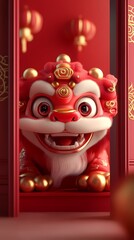 Traditional Chinese cute 3d lion head illustration poster background