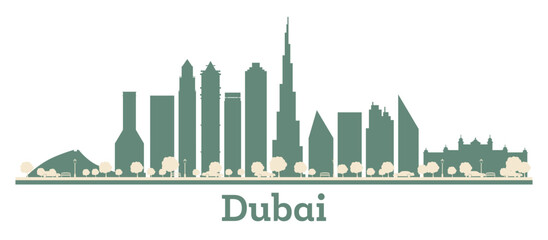 Fototapeta premium Abstract Dubai UAE city skyline silhouette with color skyscrapers. Dubai cityscape with landmarks.