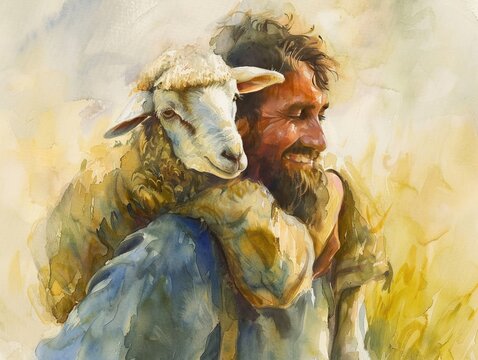 Watercolor rendition of the parable of the lost sheep with a single