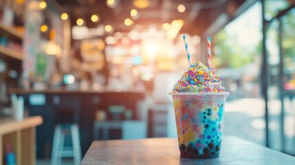 Colorful Dessert Drink with Sprinkles in Cafe Setting