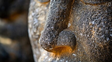 Obraz premium Close-up of a stone carving on a Moai statue, highlighting the intricate details and craftsmanship of the ancient Rapa Nui people. No people included.
