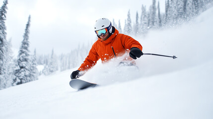 A skier in orange gear gracefully conquers snowy slopes, showcasing agility and excitement in a winter sports setting.