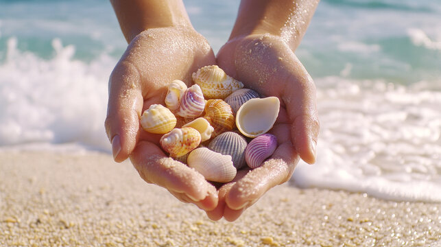 Hands gently cradling collection of colorful seashells on sandy beach, with ocean waves in background, evoking sense of tranquility and connection to nature