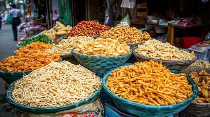 Fototapeta premium Colorful Fried Snacks at Outdoor Festival