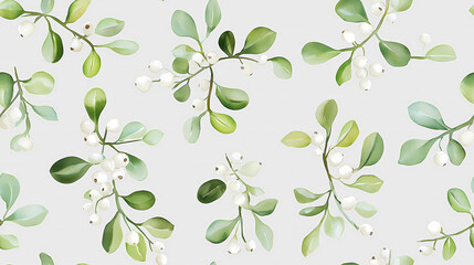 Seamless pattern of delicate white berries and green leaves on a light gray background